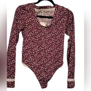 NWT Free People Sugar Dreams Floral Lace Trim Bodysuit Wine Combo Small